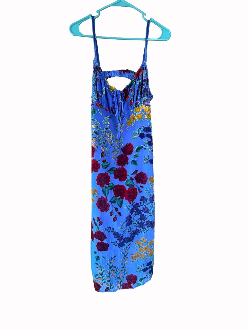 NWT Commense Burnout Velvet Floral Midi Slip Dress Blue Tie Front Cutout L